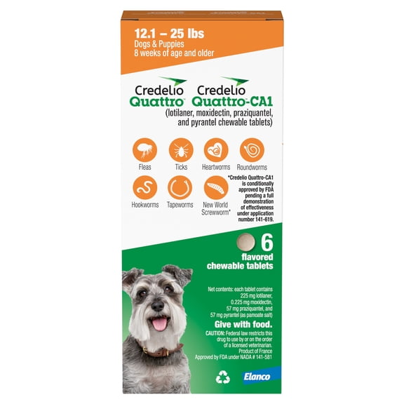 Credelio Quattro / Credelio Quattro-CA1 Dog Flea & Tick Treatment + Heartworm & Parasite Coverage, 12.1-25 lbs (6 Chewable Tablets)