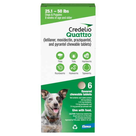 Credelio Quattro Chewable Tablets for Dogs 25.1-50 lbs, 6-in-1 Parasite Protection (6 Month Supply)