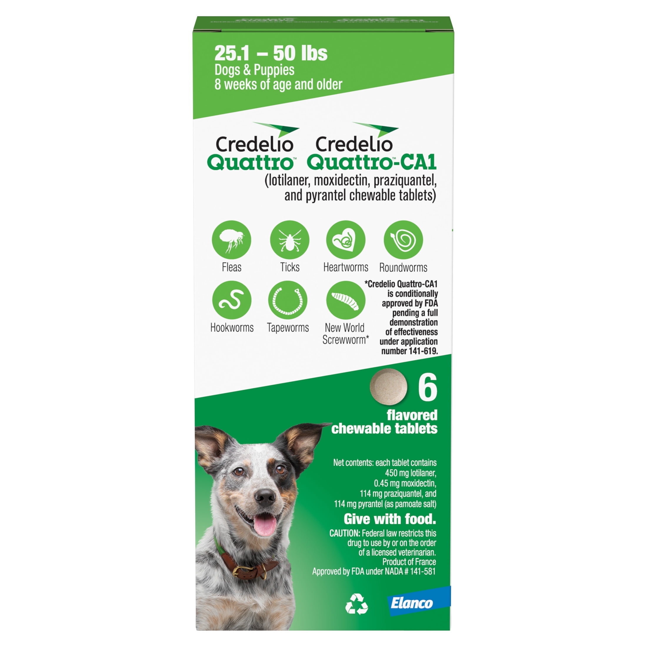 Credelio Quattro / Credelio Quattro-CA1 Dog Flea & Tick Treatment + Heartworm & Parasite Coverage, 25.1-50 lbs (6 Chewable Tablets)