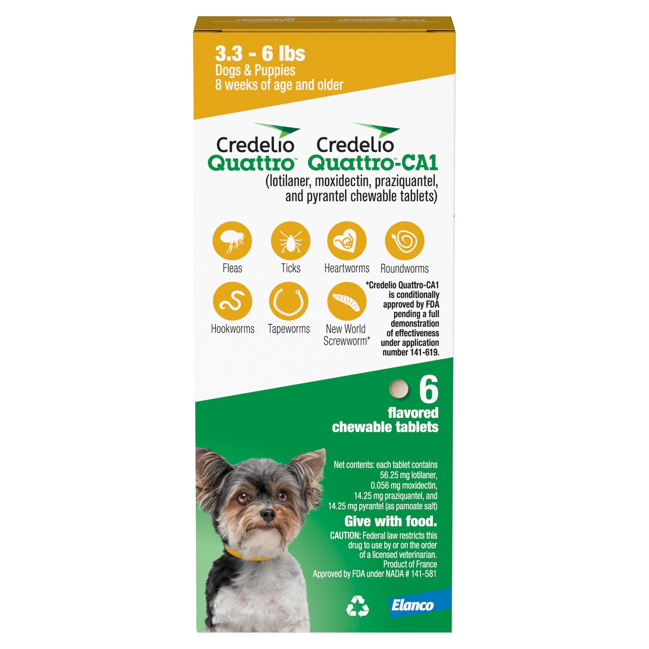 Credelio Quattro / Credelio Quattro-CA1 Dog Flea & Tick Treatment + Heartworm & Parasite Coverage, 3.3-6 lbs (6 Chewable Tablets)