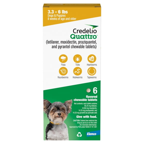 Credelio Quattro Chewable Tablets for Dogs 3.3-6 lbs, 6-in-1 Parasite Protection (6 Month Supply)
