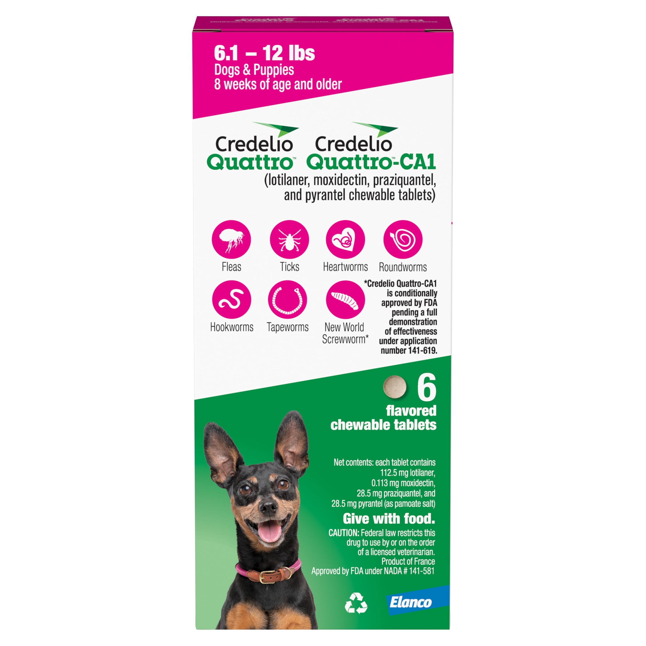 Credelio Quattro / Credelio Quattro-CA1 Dog Flea & Tick Treatment + Heartworm & Parasite Coverage, 6.1-12 lbs (6 Chewable Tablets)