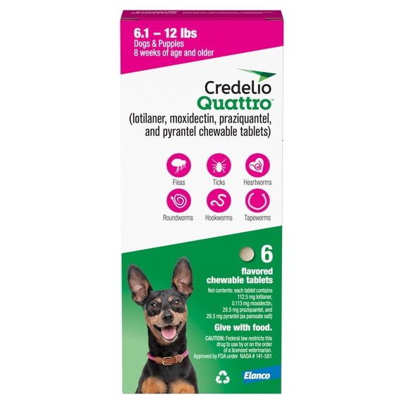 Credelio Quattro Chewable Tablets for Dogs 6.1-12 lbs, 6-in-1 Parasite Protection (6 Month Supply)