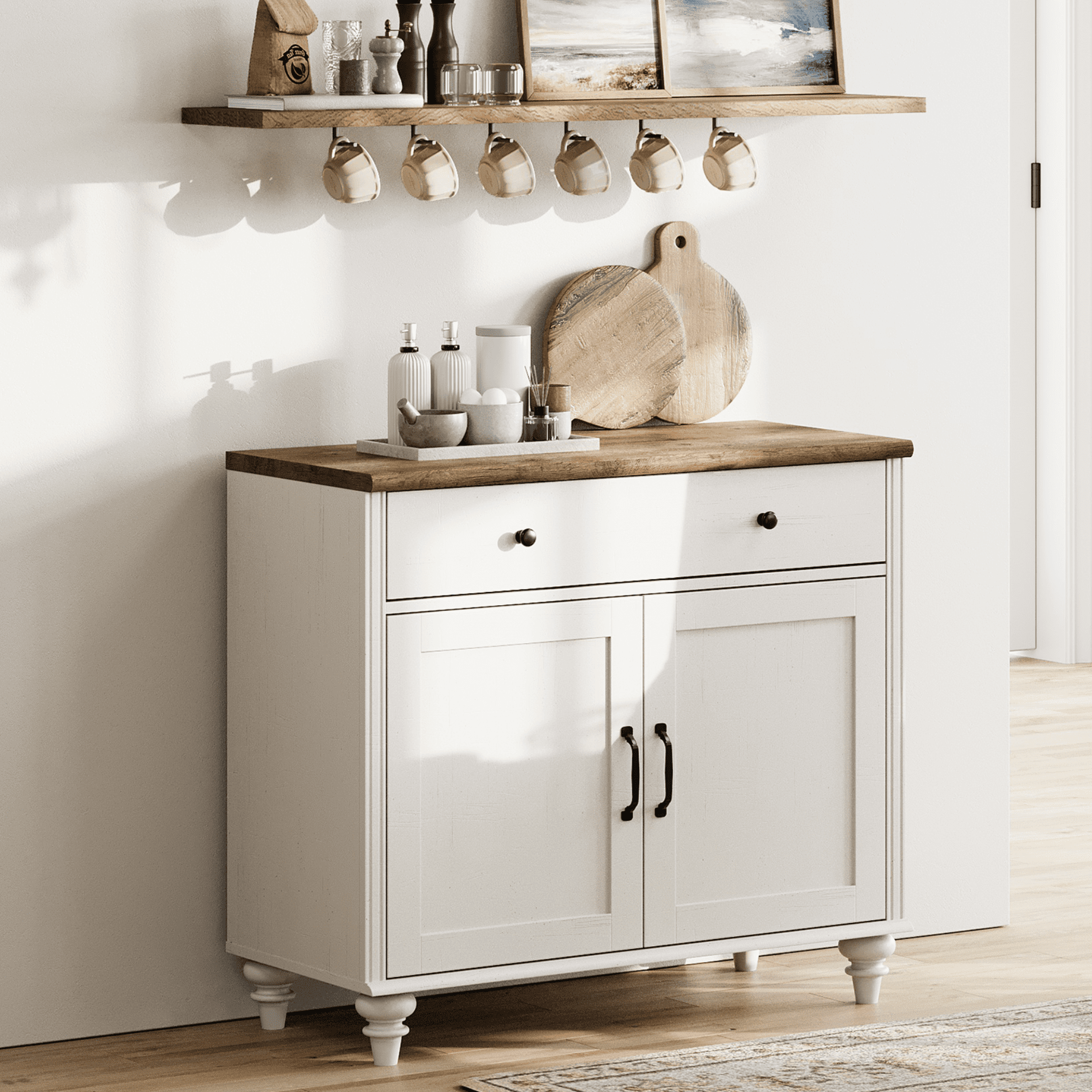 Credenzas & Sideboards with 2 Doors and 1 Drawers, Modern Farmhouse Coffee Bar Table Wooden Kitchen Buffet Cabinet with Storage Cabinets, for Dining Room, White, 34 inch