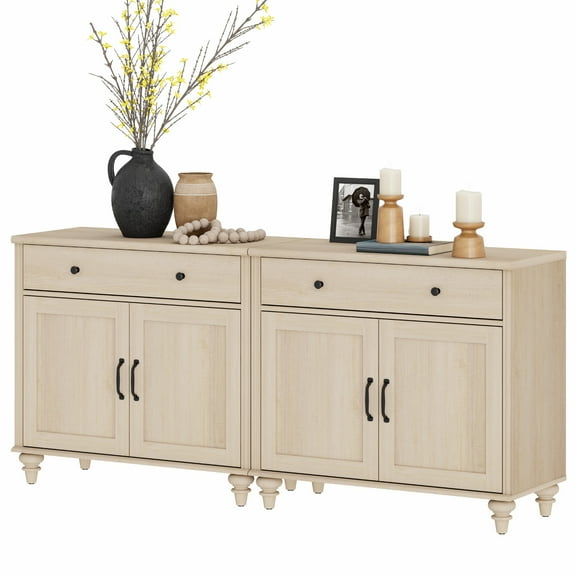 Credenzas & Sideboards with 4 Doors and 2 Drawers, Large Buffet Cabinet Wood Kitchen Storage Cabinets, Modern Farmhouse Sideboard Credenza for Dining Room, Beige, 68 inch