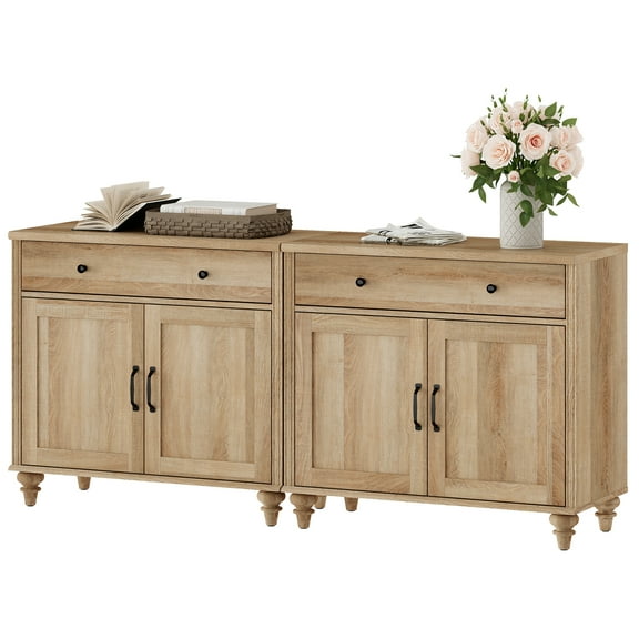 Credenzas & Sideboards with 4 Doors and 2 Drawers, Large Buffet Cabinet Wood Kitchen Storage Cabinets, Modern Farmhouse Sideboard Credenza for Dining Room, Oak, 68 inch