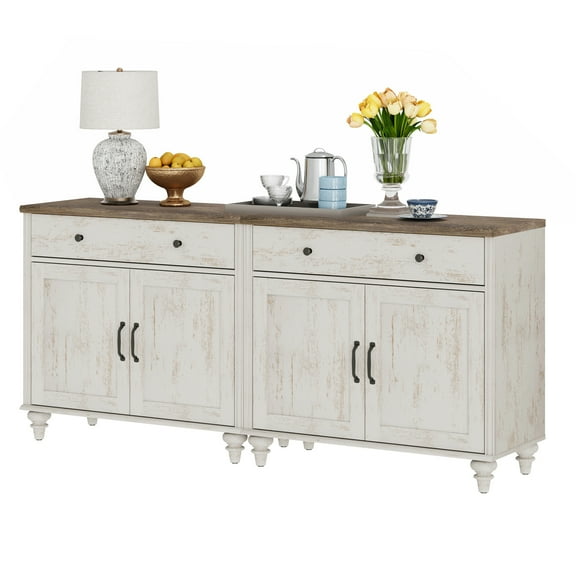 Credenzas & Sideboards with 4 Doors and 2 Drawers, Large Buffet Cabinet Wood Kitchen Storage Cabinets, Modern Farmhouse Sideboard Credenza for Dining Room, Rustic White, 68 inch