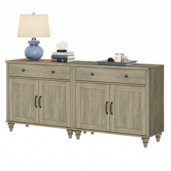 Credenzas & Sideboards with 4 Doors and 2 Drawers, Large Buffet Cabinet Wood Kitchen Storage Cabinets, Modern Farmhouse Sideboard Credenza for Dining Room, Wash Grey, 68 inch