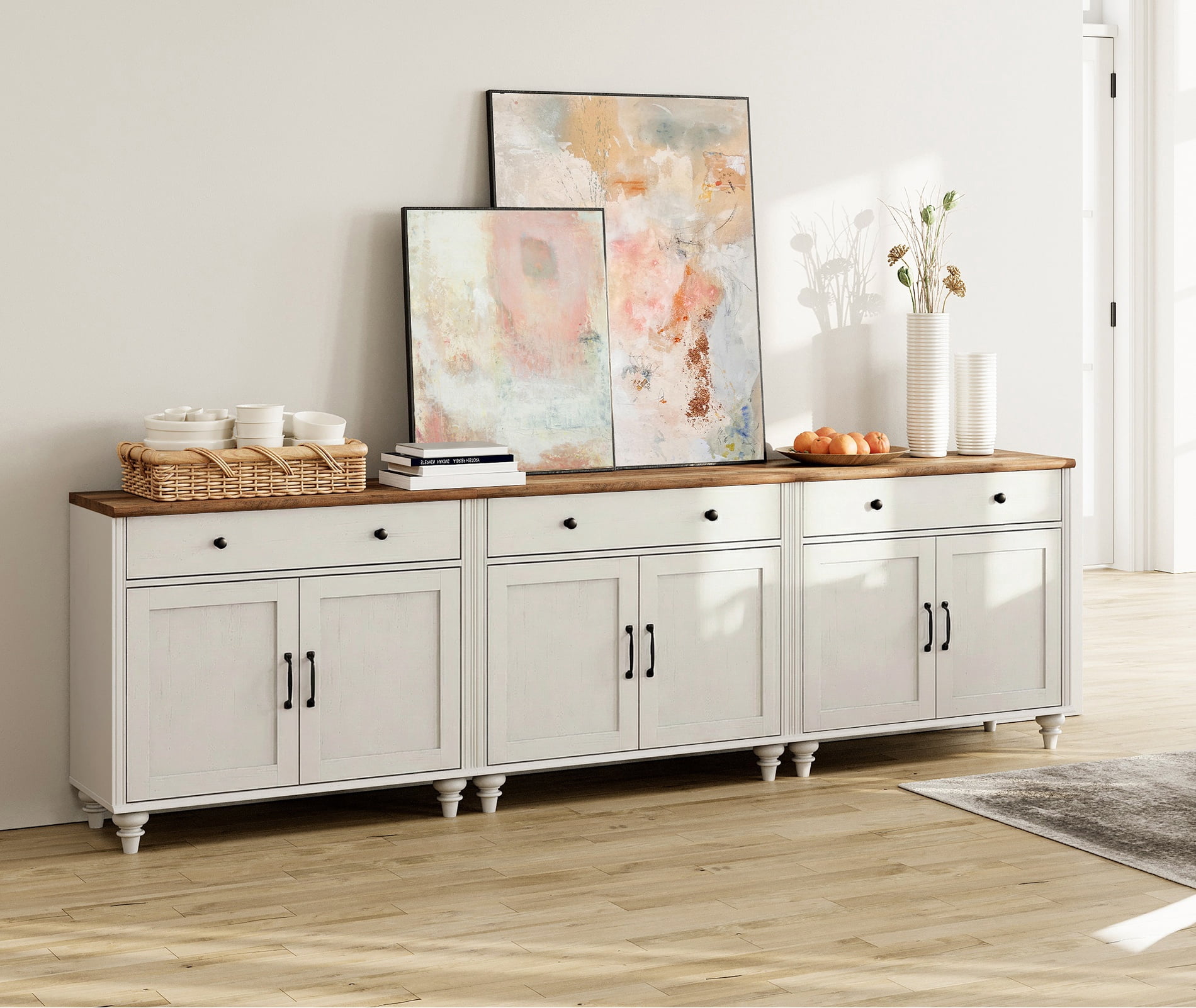 Credenzas & Sideboards with 6 Doors and 3 Drawers, Large Coffee Bar Table Wooden Kitchen Storage Cabinets, Modern Farmhouse Buffet Cabinet for Dining Room, White, 101 Inch