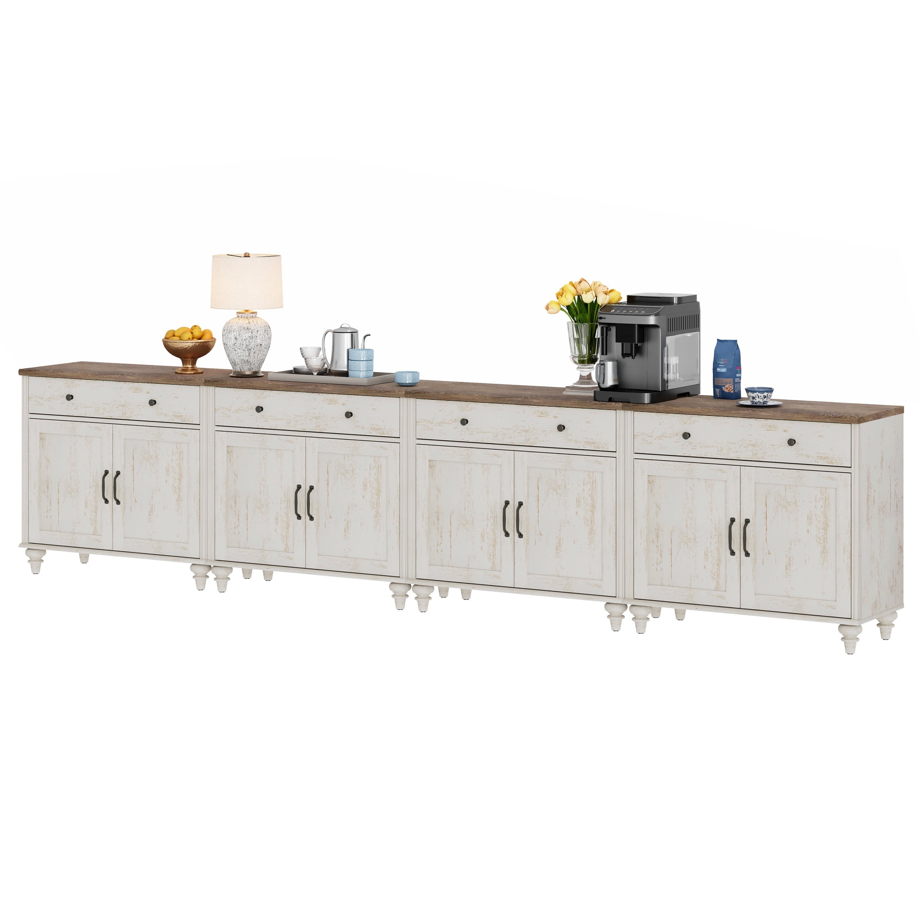 Credenzas & Sideboards with 8 Doors and 4 Drawers, Large Buffet Cabinet Wood Kitchen Storage Cabinets, Modern Farmhouse Sideboard Credenza for Dining Room, Rustic White, 135 inch