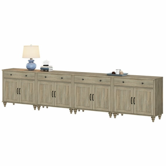 Credenzas & Sideboards with 8 Doors and 4 Drawers, Large Buffet Cabinet Wood Kitchen Storage Cabinets, Modern Farmhouse Sideboard Credenza for Dining Room, Wash Grey, 135 inch