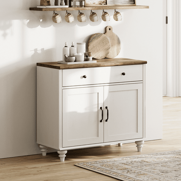 Credenzas & Sideboards with Wood Drawers, Modern Farmhouse Coffee Bar Table Wooden Kitchen Buffet Cabinet with Storage Cabinets for Dining Room, White, 34 inch