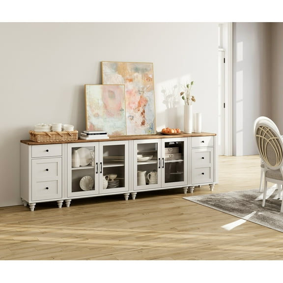 Farmhouse Kitchen Buffet Sideboard Cabinet with 4 Glass Door, Mid-Century Cupboard & End Table with Charging Station, 4-in-1 Console Table Entertainment Center for Living Room Dining Room, White