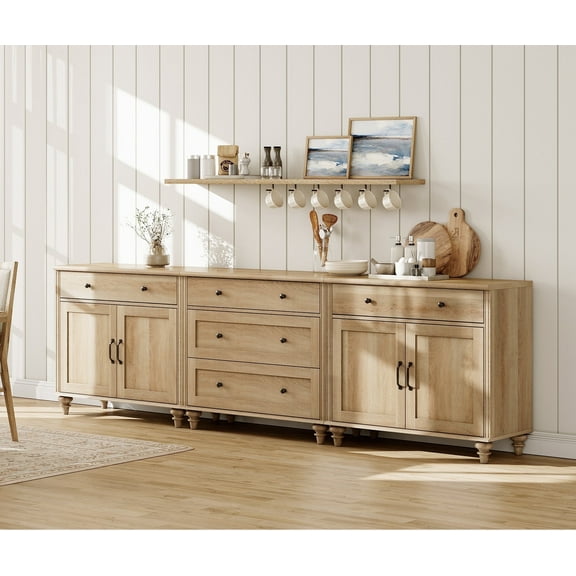 WAMPAT Sideboard Cabinet with 5 Drawers and 4 Doors, Vintage Wood Grain Design, Buffet Cabinet with Storage, Coffee Bar for Dinning Room, Kitchen & Living Room, Oak, 101 inch