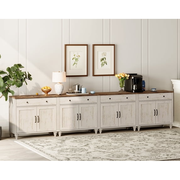 135" Buffet Cabinet with 8 Doors & 4 Drawers, 134-Inch Mid-Century Modern Wood Coffee Bar Table & Kitchen Storage Cabinets, Farmhouse Sideboard Credenza for Dining Room, Rustic White