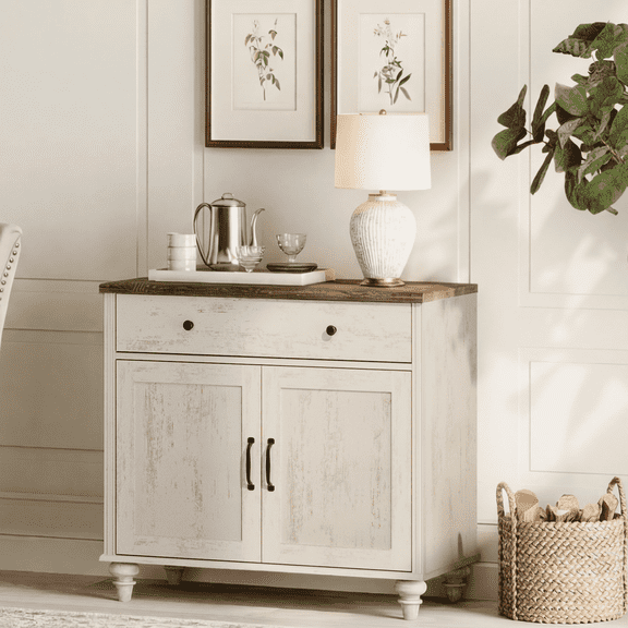 WAMPAT Rustic White Wood Credenza, Farmhouse Sideboard with Doors & Drawer, Multifunctional Buffet Console for Living Room, Dining Room