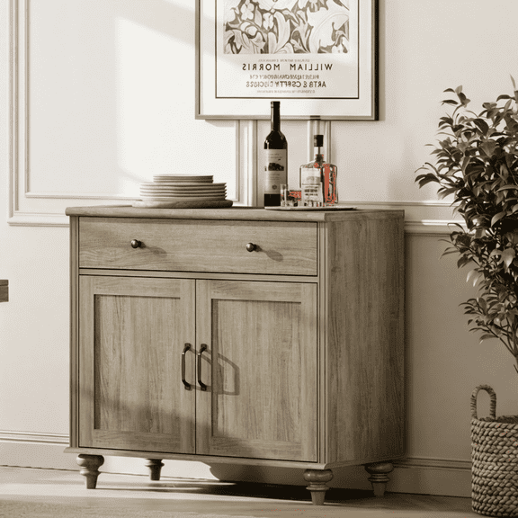WAMPAT Farmhouse Sideboard Buffet Cabinet, Wood Storage Cabinet with Doors & Drawer, Wash Grey Entryway Console Table for Living Room, Bedroom