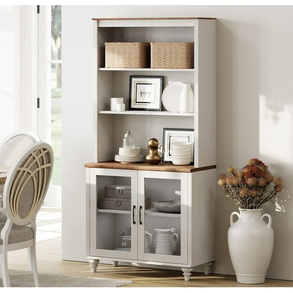 Farmhouse Credenzas & Sideboards, Dining Hutch with Glass Doors and Adjustable Shleves, Mid-Century Modern Pantry Storage for Kitchen, Living Room, Home Office, White