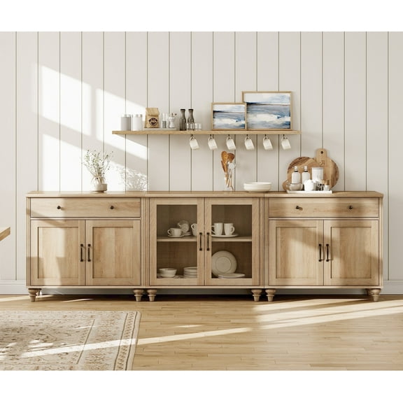 WAMPAT Sideboard Cabinet with Glass Doors, Wood Doors and Ample Drawers, Vintage Wood Grain Design, Buffet Cabinet with Storage, Coffee Bar for Dinning Room, Kitchen,and Living Room, Oak