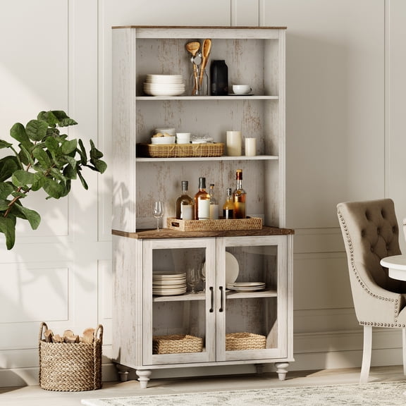 WAMPAT Farmhouse 72'' Tall Credenzas & Sideboards with Storage, Dining Hutch with Glass Doors and Adjustable Shleves, Pantry Storage for Kitchen, Home Decor, Living Room, Home Office, Rustic White