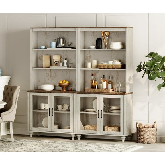 WAMPAT Modern Credenzas & Sideboards with Storage, Dining Hutch with Glass Doors and Adjustable Shleves, Storage for Kitchen, Living Room, Home Office, Rustic White