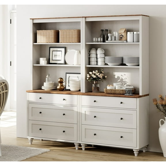 WAMPAT Credenzas & Sideboards with 6 Drawers, Farmhouse Storage Cabinet with Adjustable Shleves for Kitchen, Living Room, Bedroom, Home Office, White