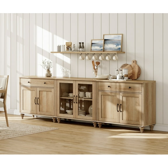 Farmhouse 3-in-1 Console Credenzas & Sideboards, End Table with Glass & Wood Door, Kitchen Sideboard Buffet Cabinet for Dining Room, Oak