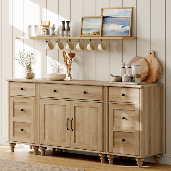 WAMPAT Oak Buffet Sideboard Cabinet, 3-in-1 Farmhouse Wood Storage Console with Charging Station, Modern Sideboard for Living Room & Kitchen, Fits TVs Up to 75 Inch