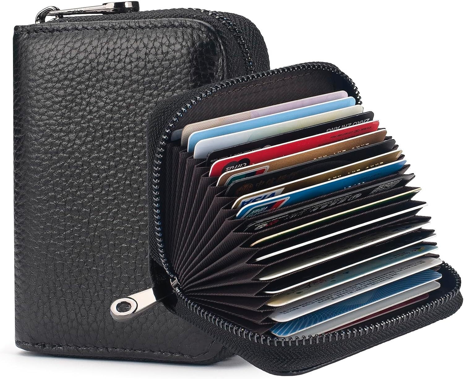 Credit Card Holder Blocking Credit Card Wallet 20 Slots Genuine Leather Small Card Case for Women or Men Accordion Wallet with Zipper Black