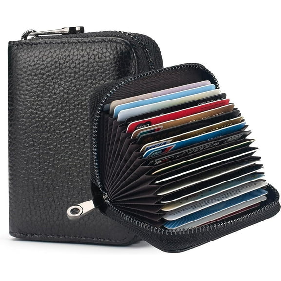 Credit Card Holder Blocking Credit Card Wallet 20 Slots Genuine Leather Small Card Case for Women or Men Accordion Wallet with Zipper(Black)