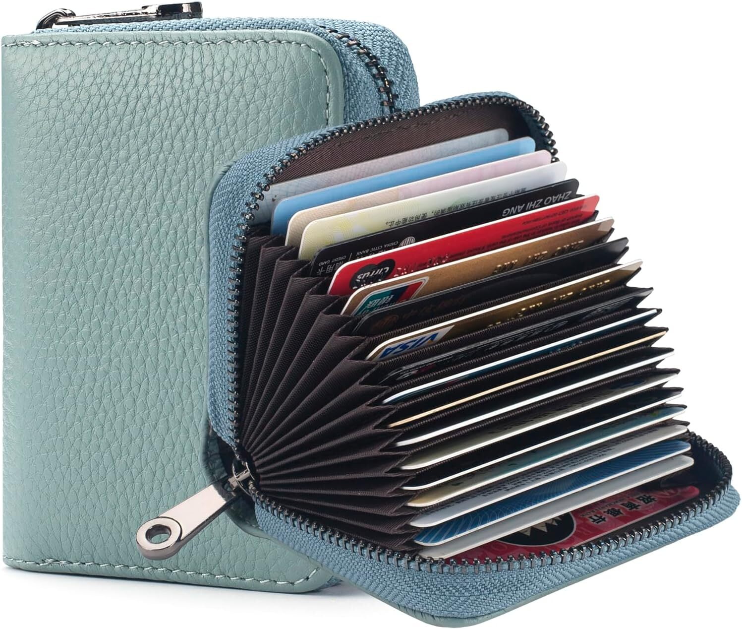 Credit Card Holder Blocking Credit Card Wallet 20 Slots Genuine Leather Small Card Case for Women or Men Accordion Wallet with Zipper Light Blue