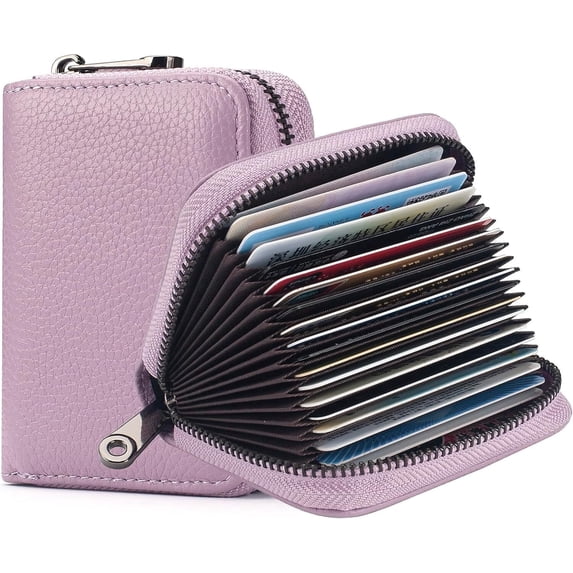Credit Card Holder Blocking Credit Card Wallet 20 Slots Genuine Leather Small Card Case for Women or Men Accordion Wallet with Zipper(Purple)