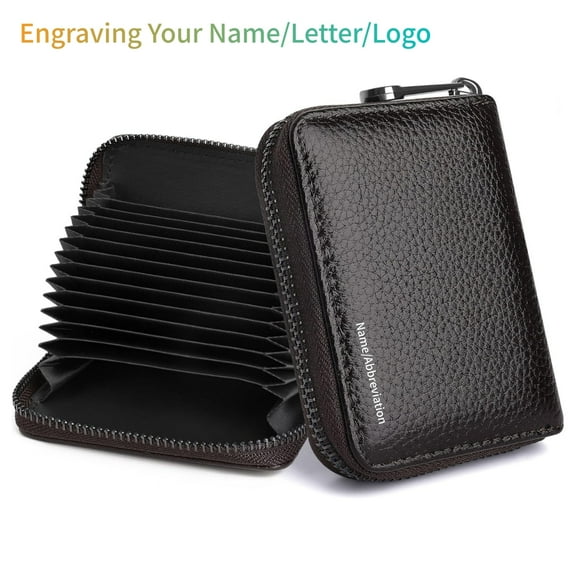 Credit Card Holder Genuine Leather Personalized Custom Laser Engraving Wallet for Women or Men 20 Card Slots RFID Blocking Accordion Wallet with Zipper, Coffee