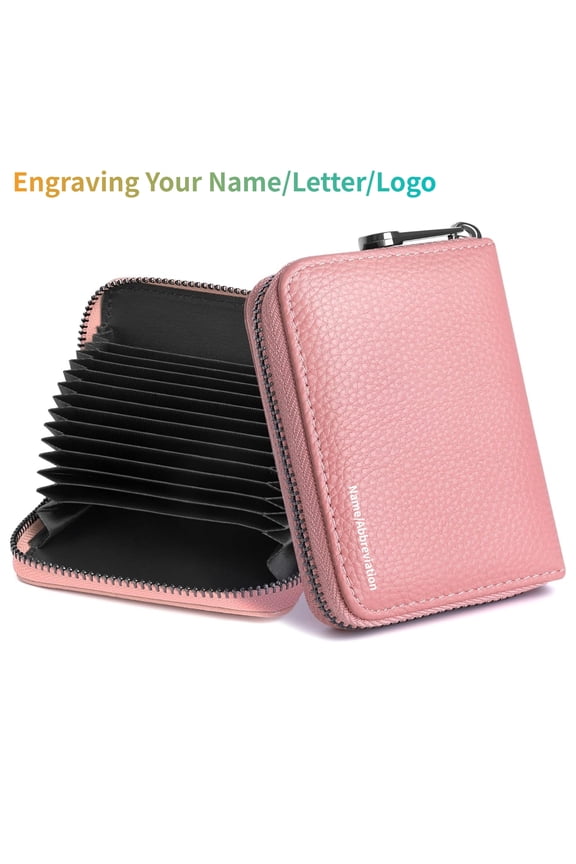 Credit Card Holder Genuine Leather Personalized Custom Laser Engraving Wallet for Women or Men 20 Card Slots RFID Blocking Accordion Wallet with Zipper, Pink