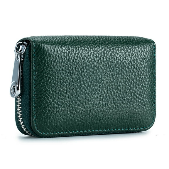 Credit Card Holder RFID Blocking 12 Card Slots Leather Mini Credit Card Wallet Purse with Zipper-dark green