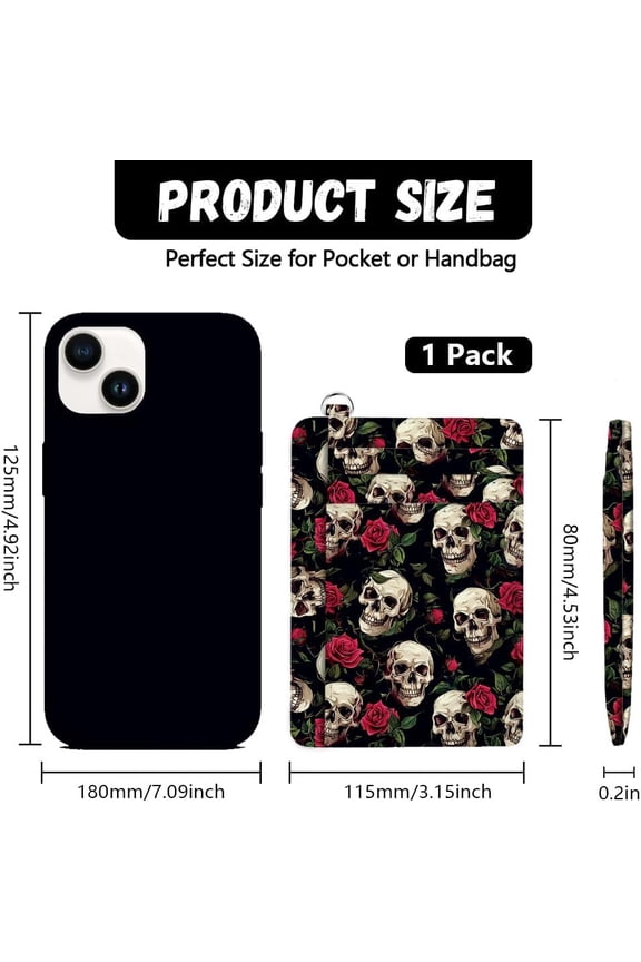 Credit Card Holder Slim Wallet Skull and Flower RFID Wallet Women Front Pocket Small Card Holder Travel Cute Funny Thin Card Case ID Window PU Leather RFID Blocking Card Organizer Gifts