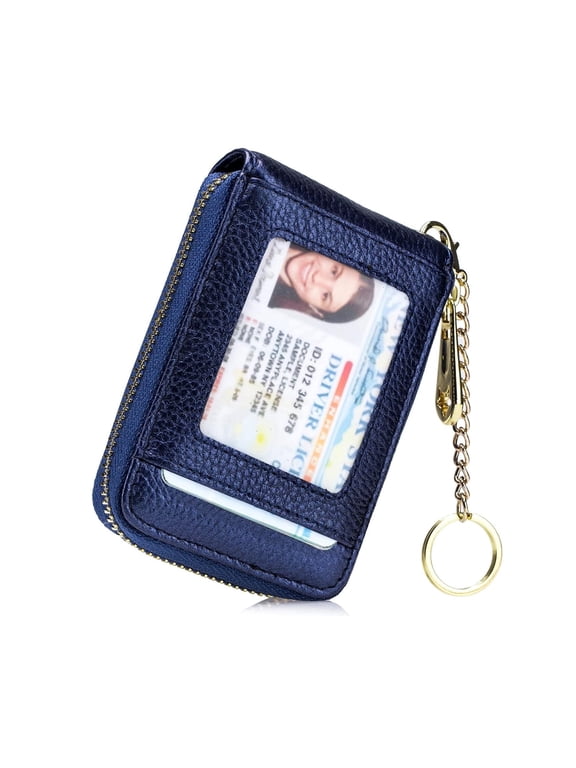 Credit Card Holder, Small RFID Card Wallet Slim Leather Card Case with Keychain & ID Window