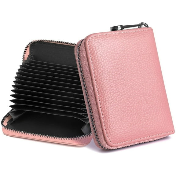 Credit Card Holder,Small Women Wallet with Zipper,Genuine Leather Accordion Wallets Case,20 Card Slot Credit Card Wallet,Radio Frequency Identification Blocking Card Wallet -Compact (Pink)