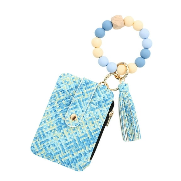 Credit Card Holder Wallet, Boho Wristlet Wallet, Coin Purse, Women Pocket Wallet Purse, Money Bag, Blue Beige Beaded Tassel Keychain, Bangle Keychain, Key Ring Bracelet Wallet, Snap Wallet, Gifts