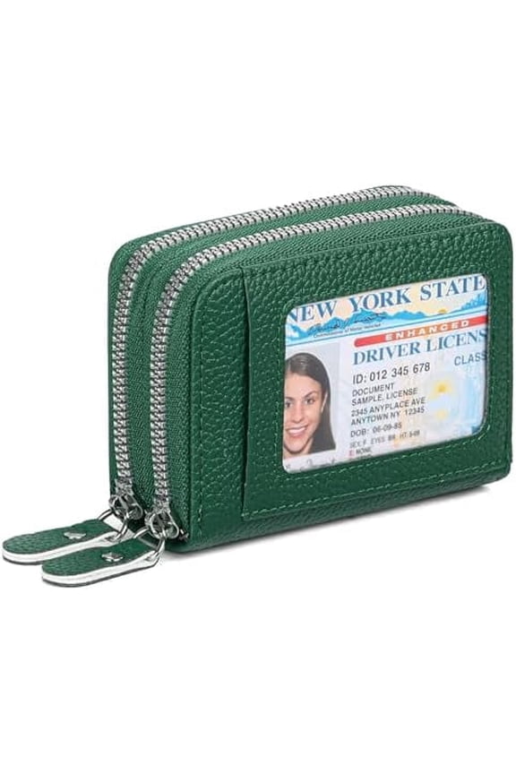 Credit Card Holder Wallet RFID Blocking Leather Small Wallet for Women Double Zipper Wallet with ID Window