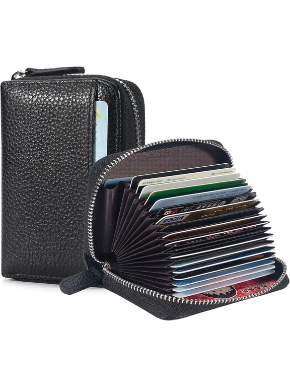 Credit Card Holder Wallet RFID Blocking Slim Genuine Leather Organizer Zipper Pocket Id Card Pouch Case Purse with 20 Card Slots for Women