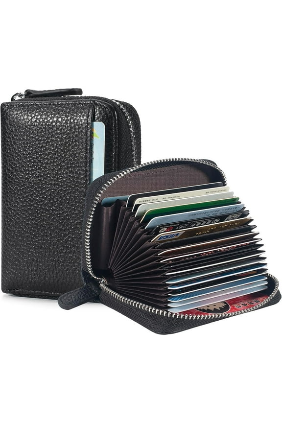 Credit Card Holder Wallet RFID Blocking Slim Genuine Leather Organizer Zipper Pocket Id Card Pouch Case Purse with 20 Card Slots for Women