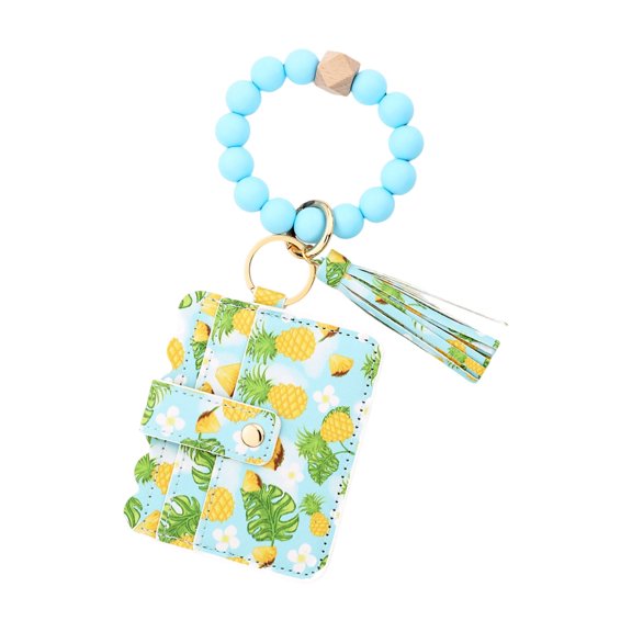 Credit Card Holder Wallet, Wristlet Wallet, Coin Purse, Women Pocket Wallet Purse, Money Bag, Blue Beaded Tassel Keychain, Bangle Keychain, Key Ring Bracelet Wallet, Snap Wallet, Summer Pineapples