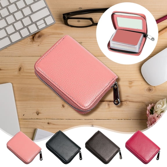 Credit Card Holder Wallet Zipper Card Case, ThinArtificial Leather ID Bank Card Organizer, Multiple Slots, RFID Blocking, Black Pink Coffee