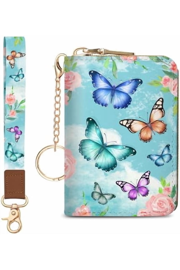 Credit Card Holder for Women, Butterfly Small RFID Blocking Wallet with Wristlet Strap, Keychain Zipper Women Wallet, Leather Card Case, Accordion Card Wallet Purse with Key Lanyard