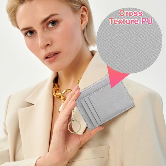 Credit Card Holder for Women, Credit Card Wallet, Gray PU   Metal Ultra-Slim Wallet with 8 Credit Card Slots and Zipper Design Perfect for Ladies Who don'T Like to Carry A Bulky Traditional Wallet