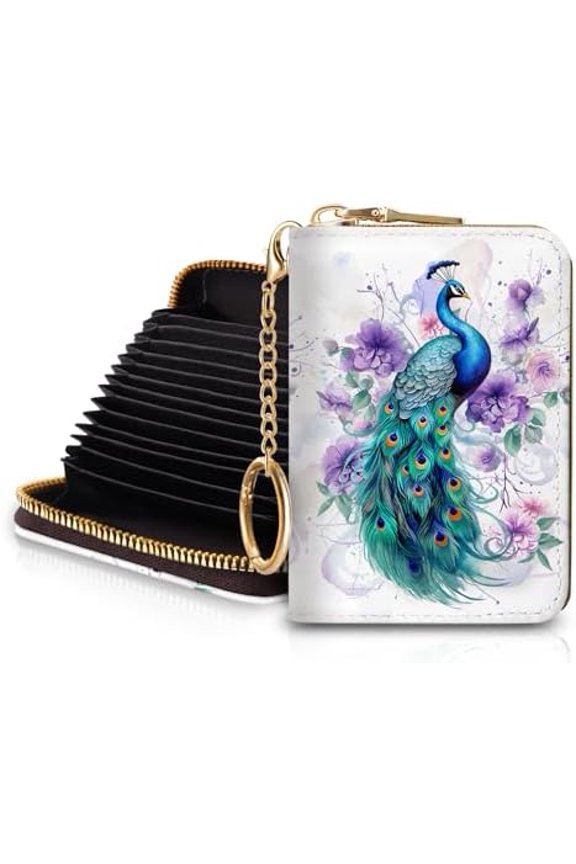 Credit Card Holder for Women, Peacock Small RFID Wallet with Zipper, Card Keychain Wallet, Leather Wallet Card Case, Business RFID Blocking Accordion Purse Wallet Gift