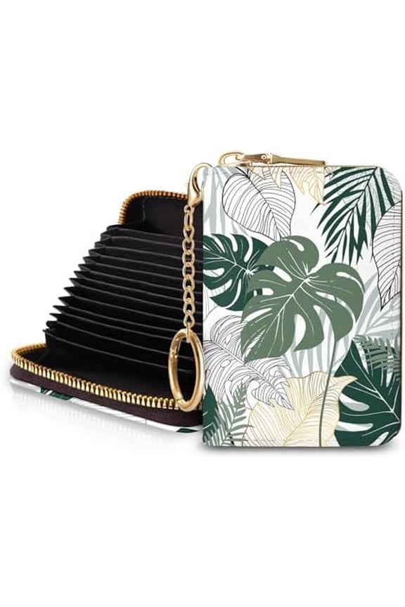 Credit Card Holder for Women, Tropical Leaves Abstract Small RFID Wallet with Zipper, Card Keychain Wallet, Leather Card Case, Business RFID Blocking Accordion Purse Wallet Gift
