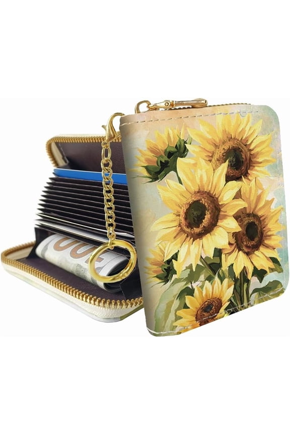 Credit Card Holder for Women - RFID Wallet with Keychain Zipper Sunflower Pattern PU Leather Small Card Case Wallet Accordion Gift with 12 Card Slots