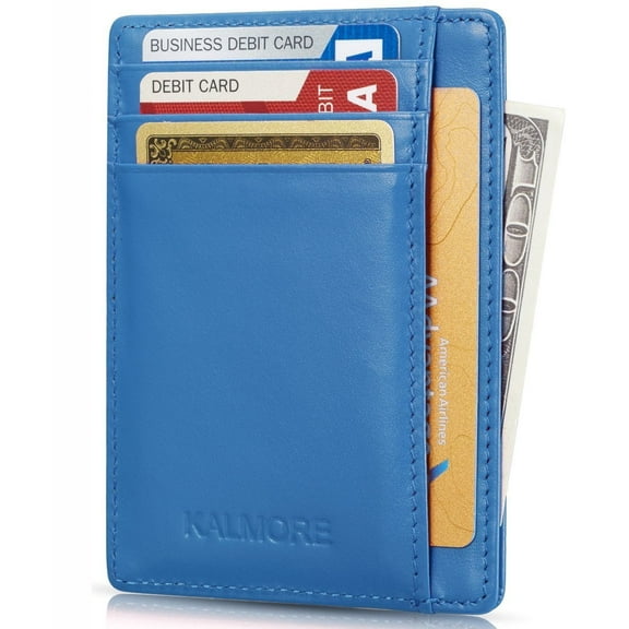 Credit Card Holder with ID Window RFID Protected Genuine Leather Slim Wallet (LBlue)